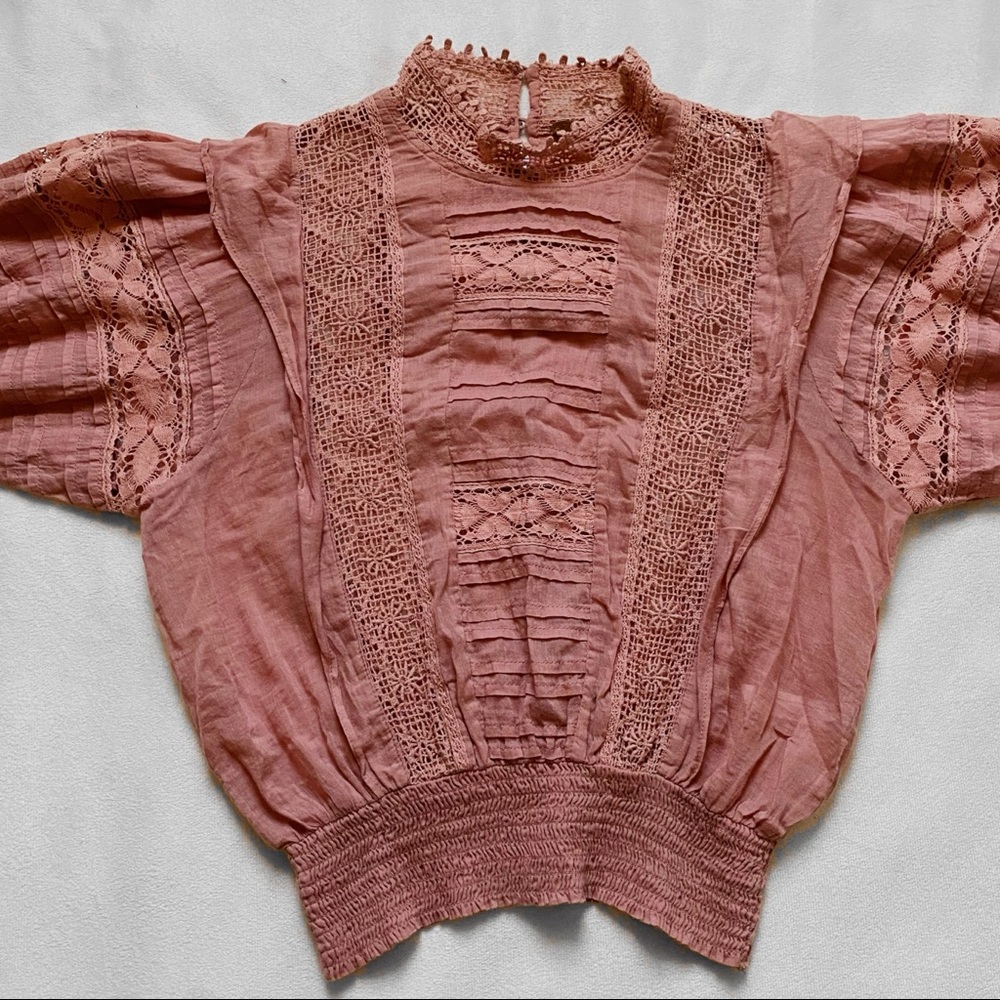 BOHO ROSE PINK LACY PEASANT TOP POOF SLEEVES